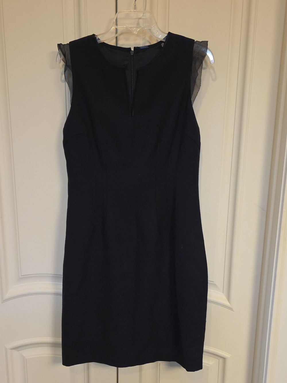 Elie Tahari Black Midi Sheath Dress with Mesh Cap Sleeves